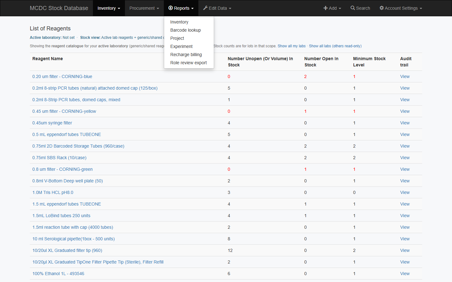 Reports dropdown