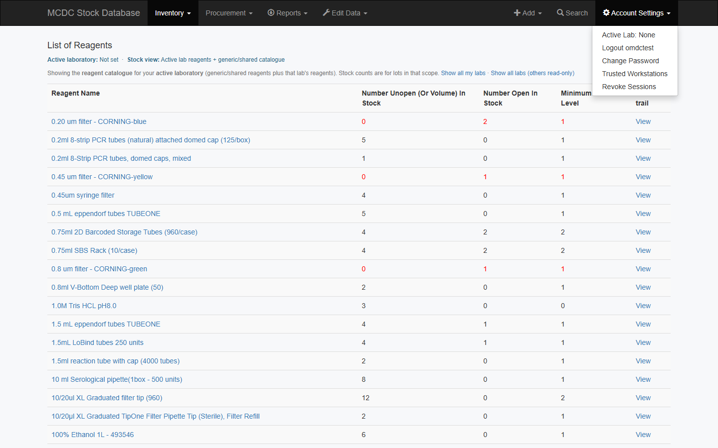 Account Settings dropdown with Active Lab, Logout, Change Password, Trusted Workstations, Revoke Sessions