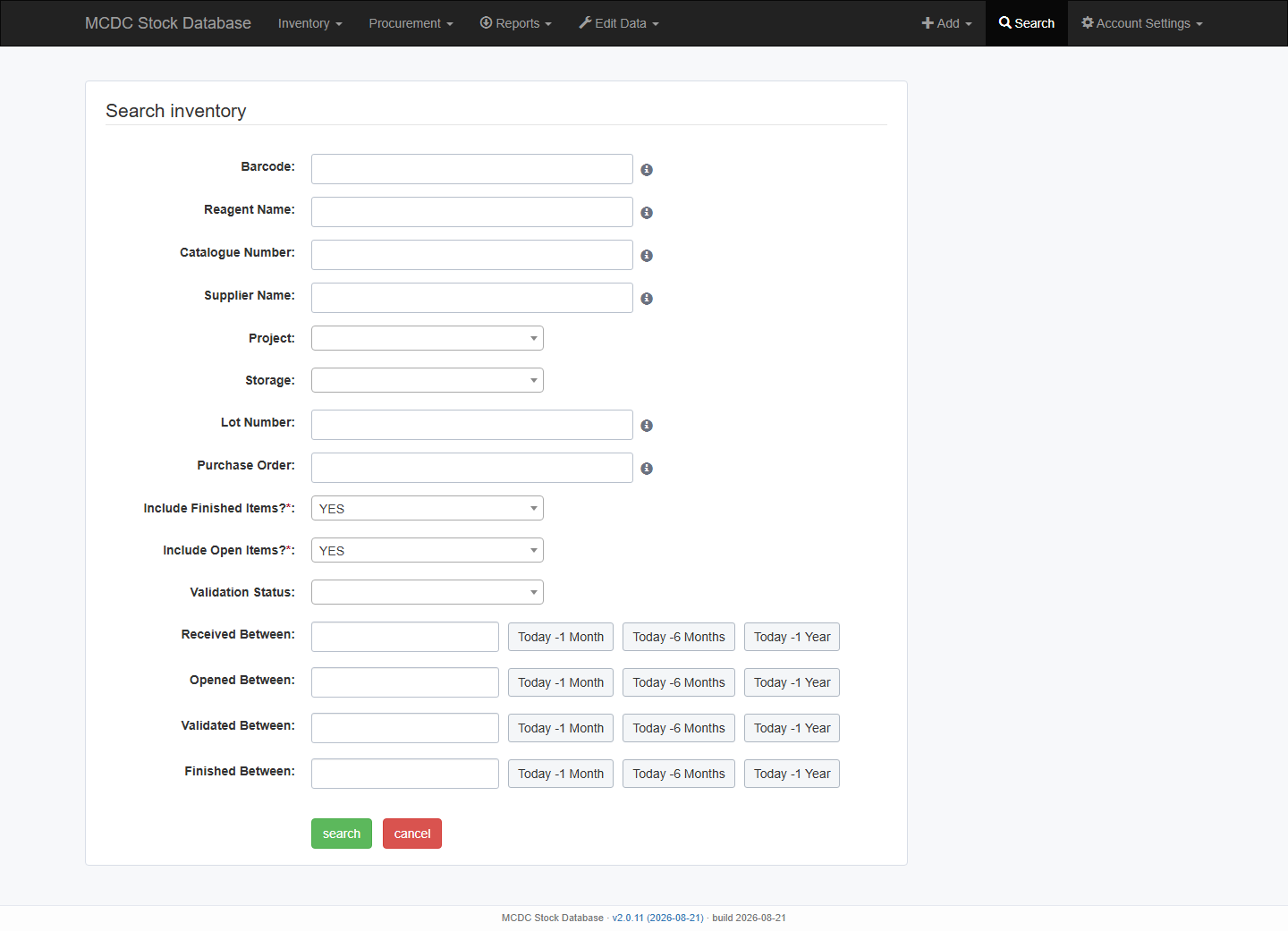 Search inventory form