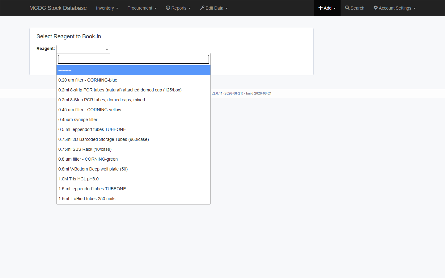 Searchable reagent dropdown