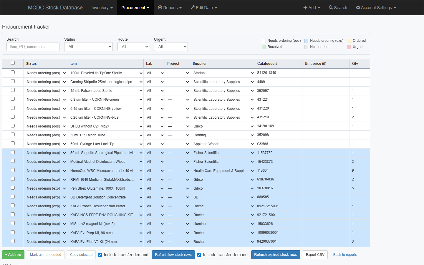 Procurement tracker grid with status colours and bulk actions