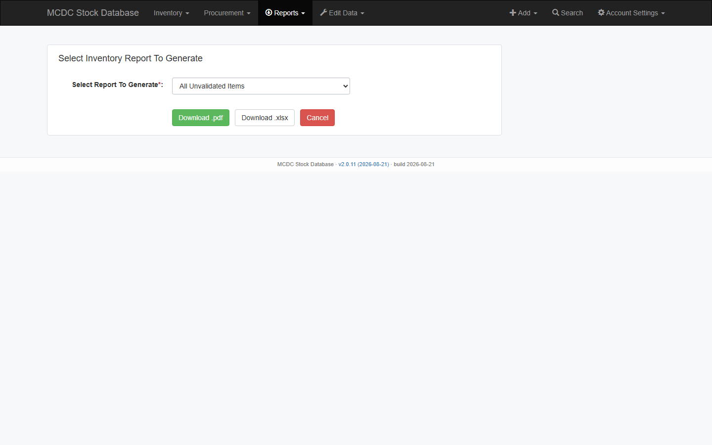 Select Inventory Report To Generate