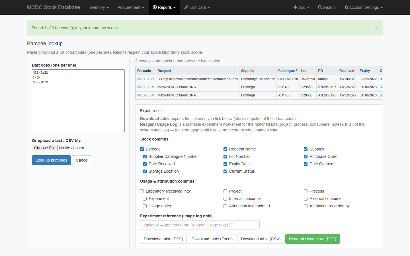 Barcode lookup results and export checkboxes