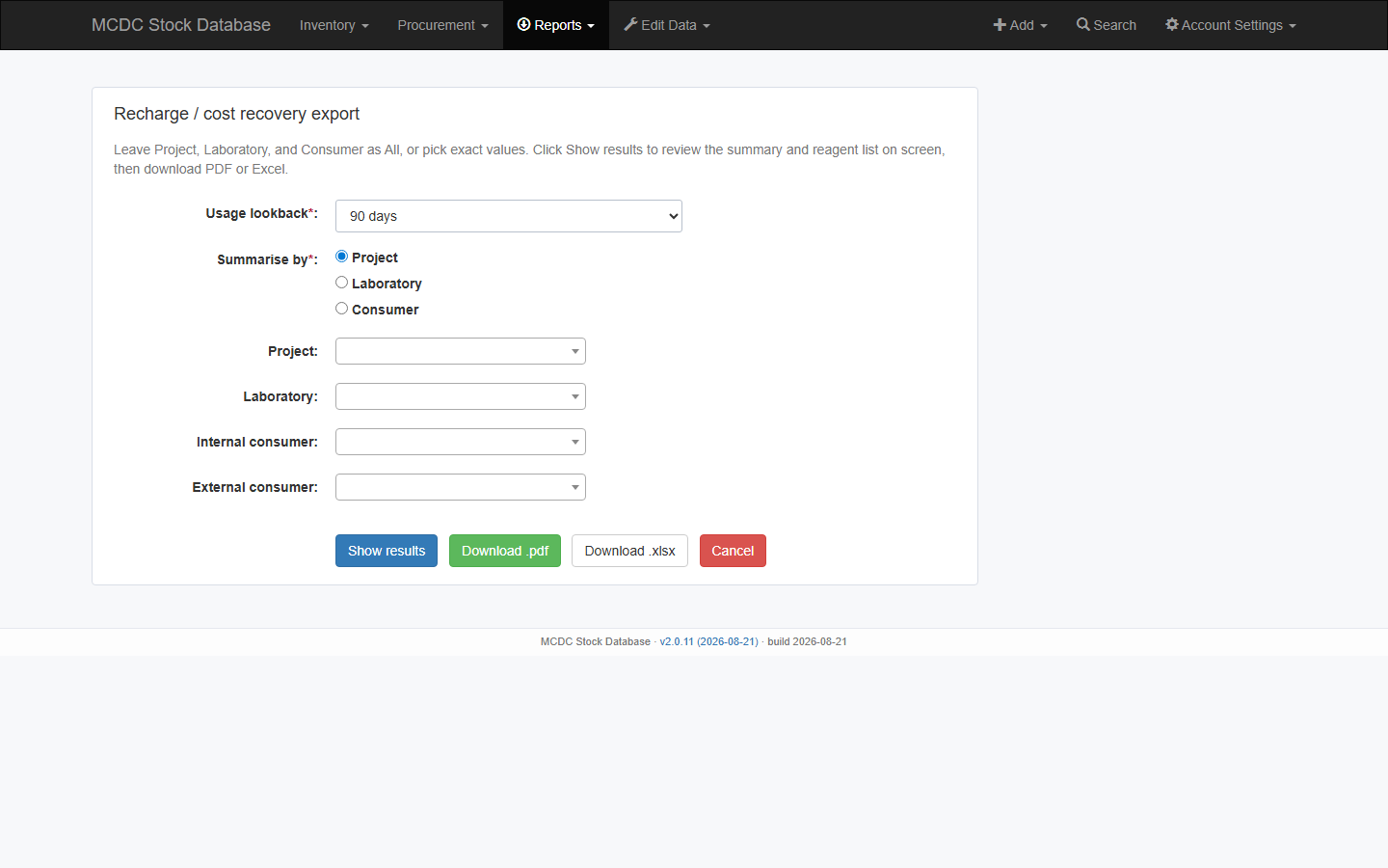 Recharge cost recovery export form