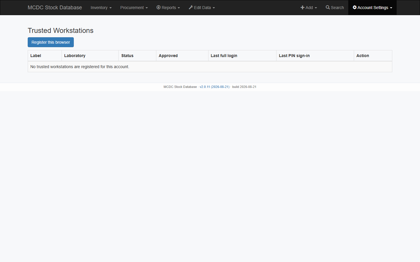 Trusted Workstations list with Register this browser