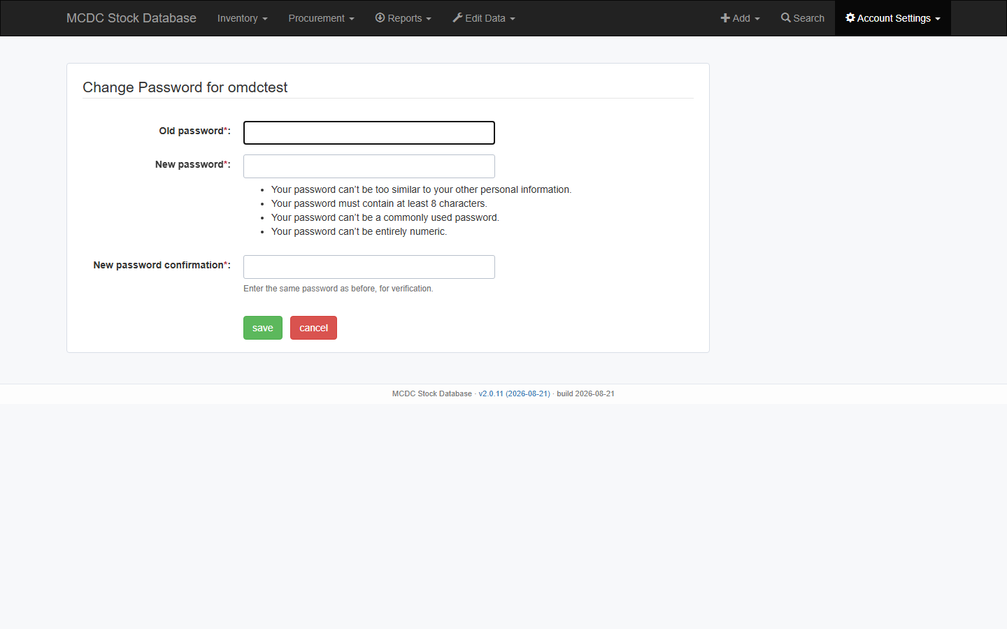 Change password form