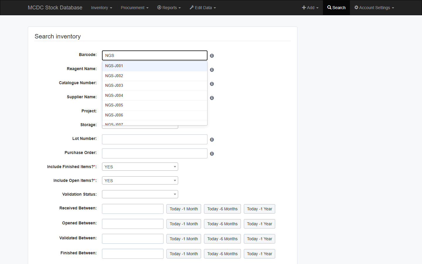 Barcode field showing NGS autocomplete suggestions
