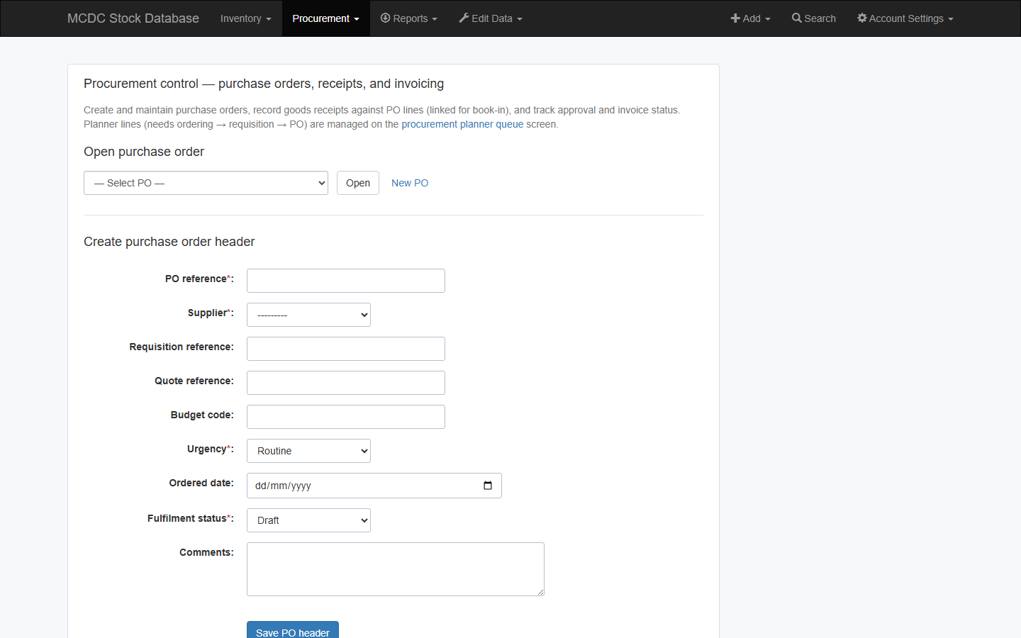 Procurement control purchase order form