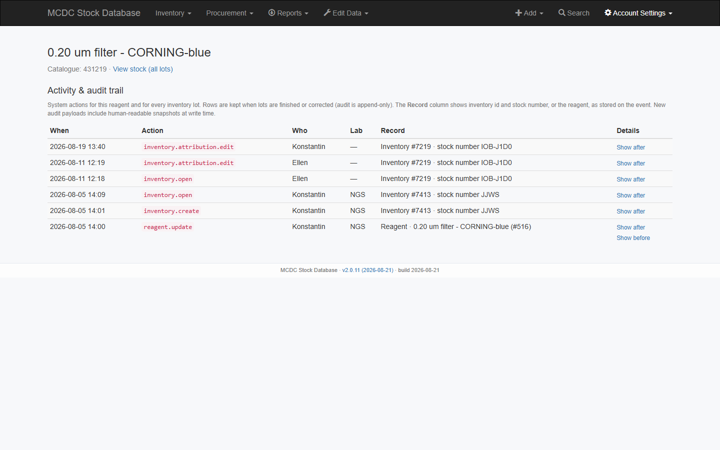 Reagent-level activity and audit trail